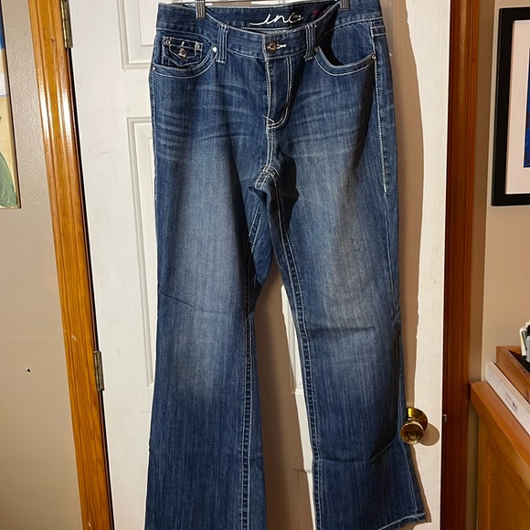 INC denim regular fit boot cut jeans with back pocket detail - Picture 1 of 6